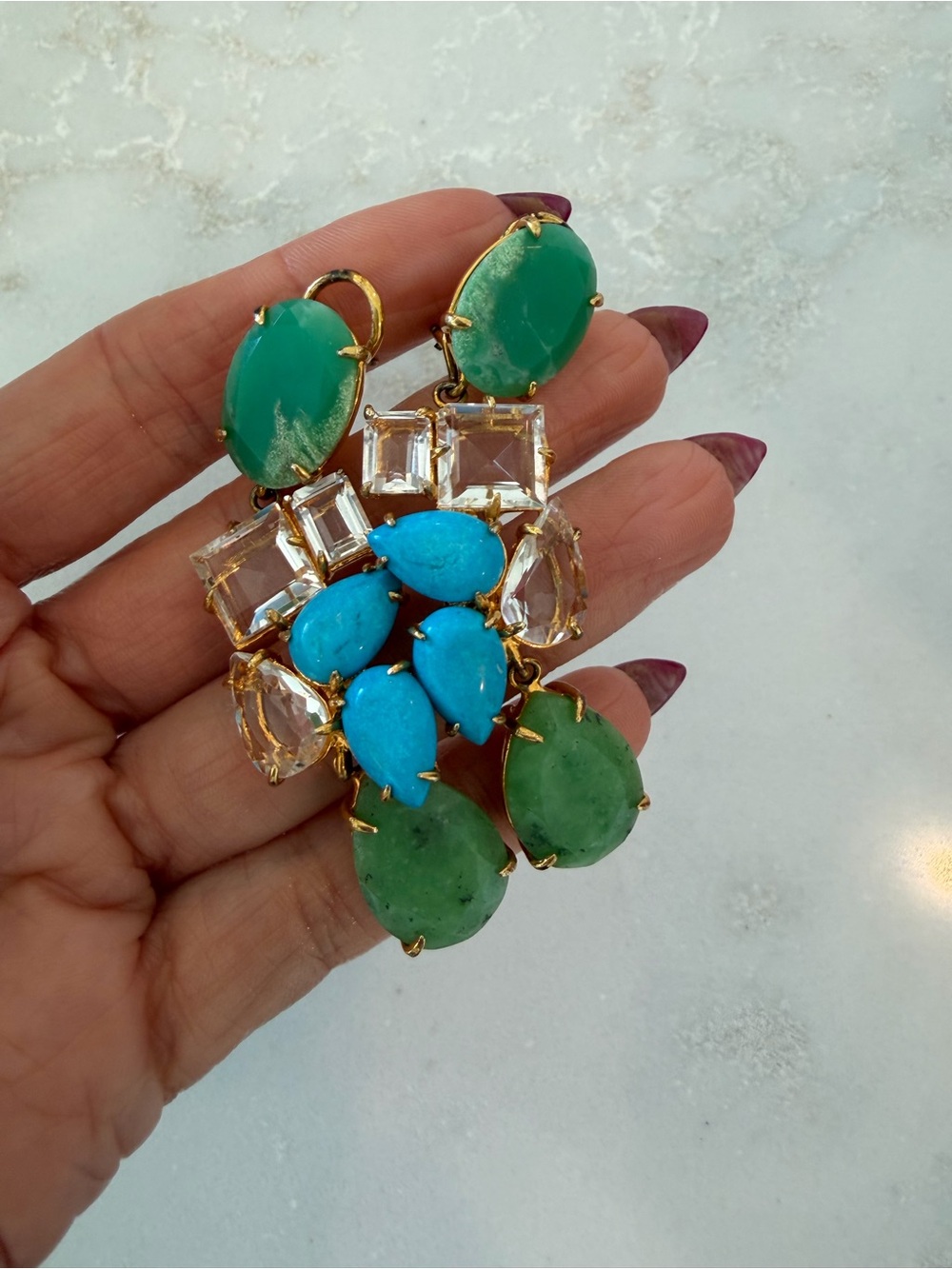 Green, clear and turquoise stone dangle earrings